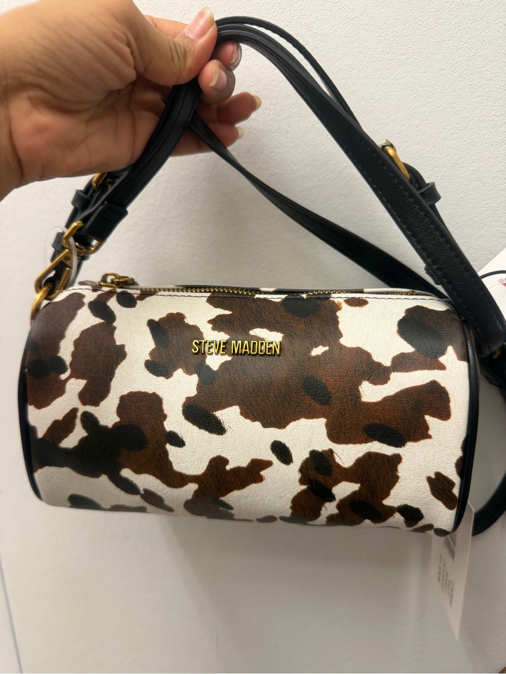Steve Madden Brown and White Cow Print Barrel Crossbody Bag with Black Strap